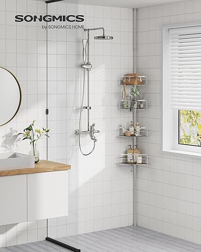 SONGMICS Duschregal, Badregal, Duschablage ohne Bohren, Gesamthöhe 80-323 cm, mit 4 Ebenen, Regal höhenverstellbar, für Badezimmer, Taubengrau BCB003E01 - Cheap-Us