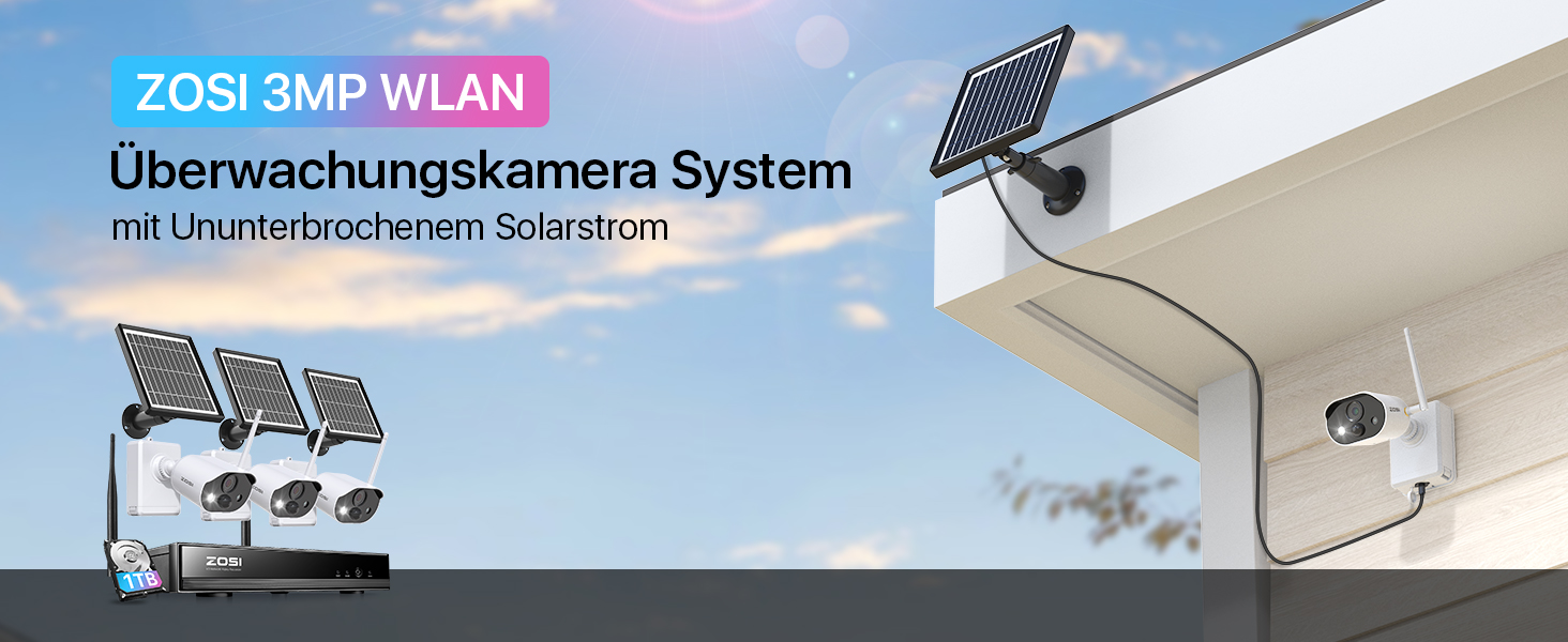 ZOSI 3MP Drahtlos Überwachungskamera Set mit Solarpanel