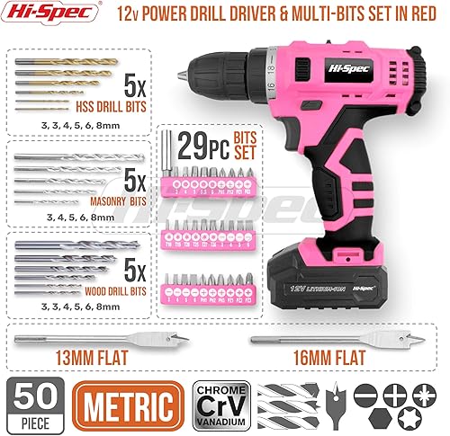 Hi-Spec 50tlg. Pinkes Akkuschrauber Set – 12V Bohrmaschine in Pink mit gängigen Holz-, Metall- und Steinbohraufsätzen – Praktischer Bohrer für Frauen im Haushalt - Cheap-Us