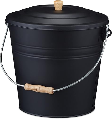 Relaxdays Ascheeimer mit Deckel, 12 L, Kamineimer, Stahl & Holz, Aschebehälter mit Henkel, Kamin, Ofen & Grill, schwarz - Cheap-Us