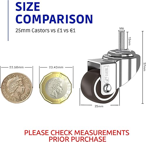 GBL 4er Set Möbelrollen Rollen für Schwerlast - 25mm M6x15mm Gewinde 40KG Rollen Möbel Lenkrollen - 4 Möbelrollen mit Bremse - 4x Gummirollen Lenkrolle Rollen mit Bremse - Cheap-Us