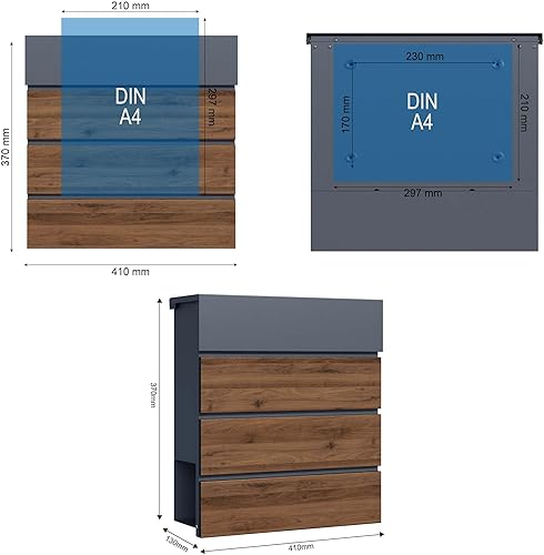 Toboli Briefkasten V63 Anthrazit und Holzdesign 410 x 130 x 370 mm, Wandbriefkasten mit Schloss, Soft Close Klappe und Zeitungsfach, Postkasten aus Stahl pulverbeschichtet - Cheap-Us