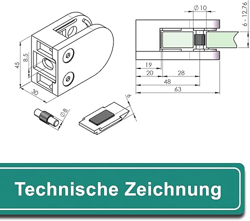 PRIOstahl Glashalter 4 Stück Glasklemmen Klemmhalter Glashalter mit Sicherungsplatte + Sicherungsstift 63 x 45 x 30 mm Anschluss: Flach für Glas 6 mm aus Edelstahl V2A - Cheap-Us