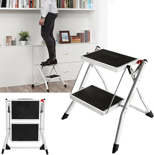 2 Stufen Tritthocker, Mini-Hocker, Klapptritt 2 Stufen Stahl Faltbare Trittleiter Klappbar Leiter mit Rutschfester Gummimatte, Sicheres Breites Pedal, Haushaltsleiter Tritthocker, bis 150 kg belastbar - Cheap-Us