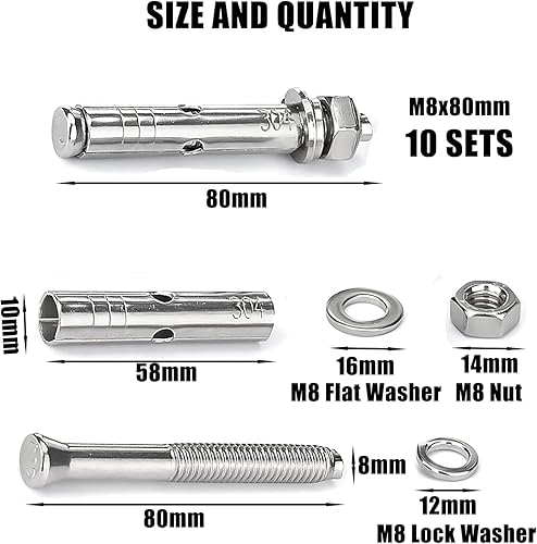 10 Stück Dehnschrauben, Sechskantmutter, Dehnhülse, Ankerbolzen, robuste Befestigungsanker, Edelstahlanker, Dehnbolzen, Muttern (M8 x 80 mm) - Cheap-Us