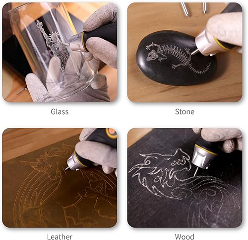 Utool 24W Power Engraving Tool Kit for Wood Metal Glass Engraving with 4 Interchangeable Tungsten Carbide Steel Bits & Letters/Numbers Template Perfect for DIY Yellow - Cheap-Us