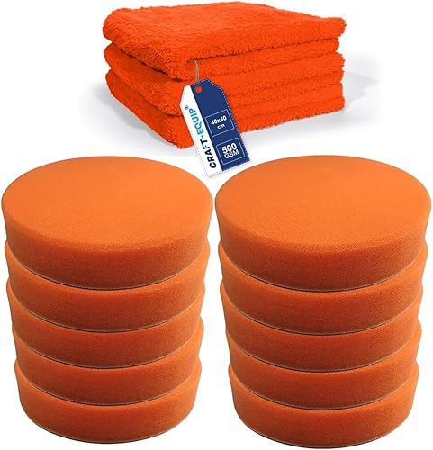 Craft-Equip Basic 13er Sparpack 150mm Polierschwämme orange glatt + Craft-Equip orangene randlose Microfasertücher 40 x 40cm - Cheap-Us