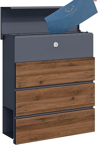 Toboli Briefkasten V63 Anthrazit und Holzdesign 410 x 130 x 370 mm, Wandbriefkasten mit Schloss, Soft Close Klappe und Zeitungsfach, Postkasten aus Stahl pulverbeschichtet - Cheap-Us