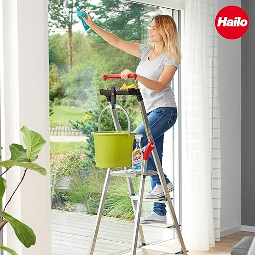 Hailo L85 ComfortLine Alu-Sicherheits-Stehleiter | 5 XXL-Stufen belastbar bis 150 kg | Tiefe Standfläche & Haltegriff |Stehleiter mit Ablage | Aluleiter Made in Germany | Leiter rostfrei | Silber - Cheap-Us