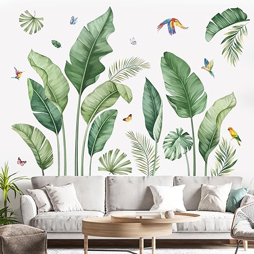 decalmile Wandtattoo Tropische Palme Blätter Wandaufkleber Bananenblätter Grüne Pflanzen Vögel Wandsticker Wohnzimmer Schlafzimmer Büros Wanddeko - Cheap-Us