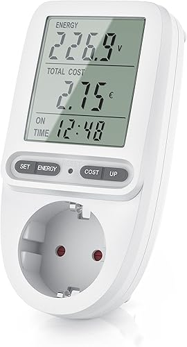 CSL – Energiekostenmessgerät Stromkostenmessgerät Stromverbrauchszähler – 3 Zoll großes Display – max. 3680 Watt – 4 Tasten – inkl. Backup-Batterie - Strommesser/Stromzähler für Steckdose - Cheap-Us