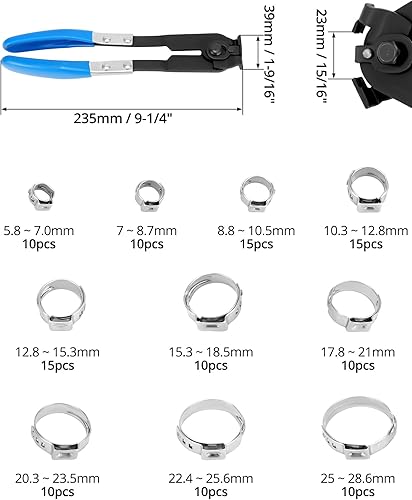QWORK® Einzelohr Stufenlos Schlauchschellen Set, mit Zange und 115 Stück Einzelohr Stufenlos Schlauchschellen aus Edelstahl 304, 10 Größen für Automobilen,Schiffen,Haus - Cheap-Us