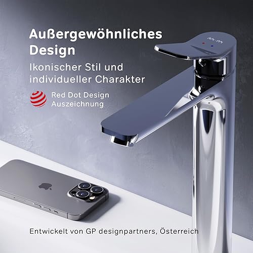 AM.PM X-Joy Waschtischarmatur Hoch Gold - Waschbeckenarmatur Einhebelmischer, Wasserhahn Bad, mit Auslaufhöhe 231 mm, Hohe Armatur für Aufsatzwaschbecken, Badarmatur - Cheap-Us