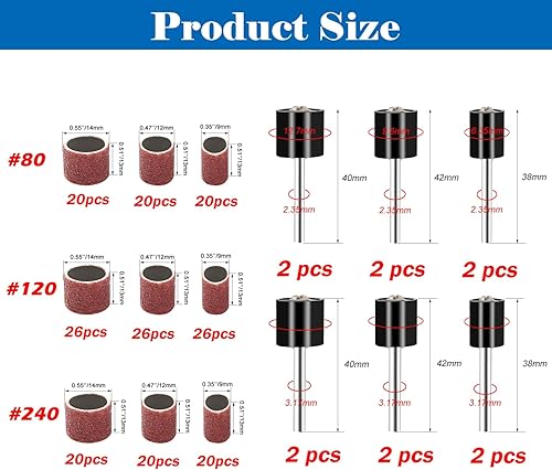 mxuteuk 210 Stück Schleiftrommel-Set, einschließlich 198 Stück Aluminiumoxid 80 120 240Grit Trommelschleifhülsen und 12 Stück Trommeldorne für Dremel Rotary Tool, Schleiftrommeln mit Box - Cheap-Us