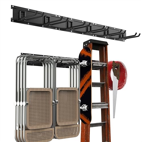 Housolution Verstellbar Garagen Gerätehalter 121cm, Metall Wandhaken mit 3 Schienen 6 Haken Werkzeugregal Wand Werkzeughalter für Garagen Keller Werkstatt Besen Rechen Werkzeug Organizer Schwarz - Cheap-Us