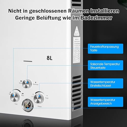 Gas Durchlauferhitzer 8Liter Outdoor Tragbarer Gas-Wassererhitzer Propan-Durchlauferhitzer mit Digitalanzeige, mit Galvanisierter Duschkopf, Mehrfachschutz für Campingausflüge Bootshaus (8L 16KW) - Cheap-Us
