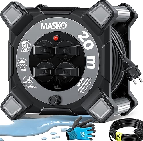 MASKO® Kabeltrommel 40m | Verlängerungskabel mit Schutzkontaktsteckdosen & Wickelgriff | Outdoor Kabelaufroller Thermoschutz | Gerätetrommel IP44 1000W ~ 3000W | inkl. Tragegriff und Montagehandschuhe - Cheap-Us