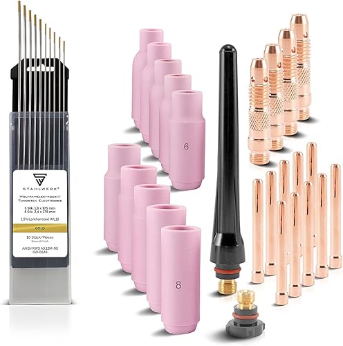 STAHLWERK WP-26 WIG Schweißzubehör Schweißgerät Verschleißteile: Spannhülsen + Gehäuse + Keramikdüsen + Wolframelektroden für WP SR Binzel 17 18 26 WIG-Schweißbrenner, Set 36-tlg. - Cheap-Us