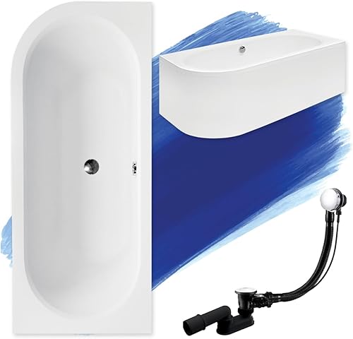 BADLAND Badewanne Original Weiß Acryl Wanne Eckbadewanne AVITA 170x75 Rechts KOMPLETTSET SET mit Weiß Acrylschürze + Füßen und Exklusive Chrom Automatik Ablaufgarnitur Made in EU 4in1 - Cheap-Us