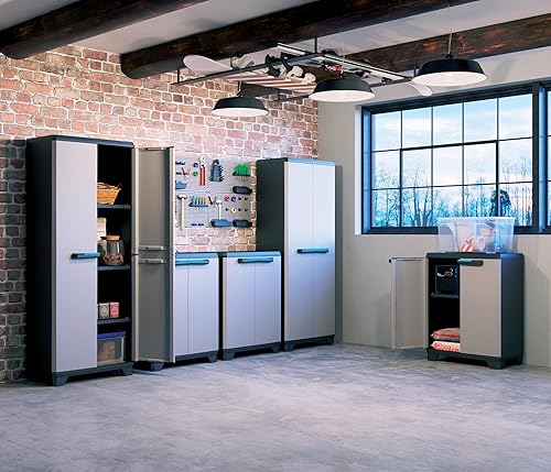 Keter Linear Kunststoffschrank, hoch, hellgrau/schwarz/blau, 68 x 39 x 173 cm - Cheap-Us