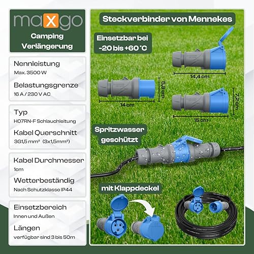 maxgo Camping Stromkabel 10m Wohnwagen Kabel Wohnmobil CEE Stecker Verlängerungskabel Orange 3x2,5 Campingkabel 10 Meter Strom Verlängerung H07BQ-F PUR Outdoor Mennekes - Cheap-Us