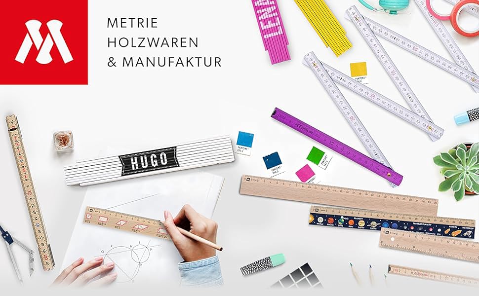 Metrie Holzwaren und Manufaktur, Zollstock, Faltmeter, Bunte messstäbe, Werbelineal