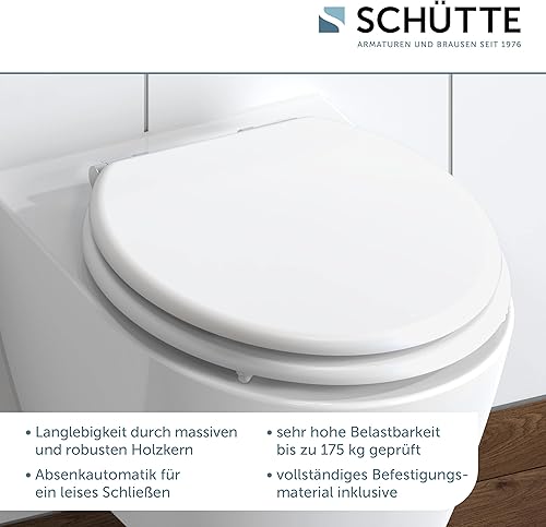 SCHÜTTE WC-Sitz mit Absenkautomatik aus Holz | Toilettendeckel aus MDF | Holzkern Toilettensitz mit Klodeckel | Klobrille -und Deckel belastbar bis 175kg | Weiß - Cheap-Us