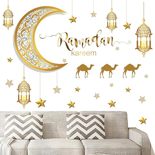 Seasboes Wandaufkleber Eid Mubarak, Ramadan Aufkleber Wanddekoration, Aufkleber Dekoration für Wand Ramadan, Selbstklebend Wandaufkleber, Ramadan Halbmond Aufkleber, PVC Wandkunst Dekoration - Cheap-Us
