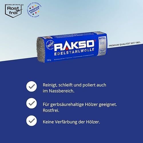 RAKSO Edelstahlwolle extra - fein - 150g, 1 Banderole, rostfrei, glättet gerbsäurehaltige Hölzer ohne Blauverfärbung der Maserung - Cheap-Us