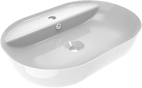 ERCOS Ovales Aufsatzwaschbecken aus Keramik, Badwaschbecken Weiß glänzend mit integriertem Überlauf, Maße 616X415 MM - Cheap-Us