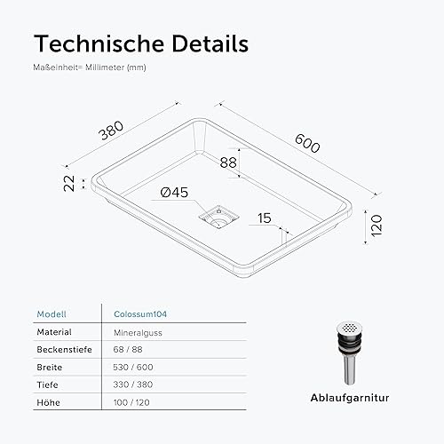 doporro Waschbecken Einbauwaschbecken 53x33x10,5cm Colossum104 Anthrazit matt aus Gussmarmor rechteckig mit Ablaufabdeckung ohne Armatur - Cheap-Us
