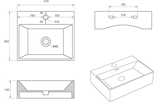EMKE Waschbecken Eckiges Design Handwaschbecken, Hochwertige Keramik Hängewaschbecken mit dünnem Rand, Waschtisch Für Badezimmer Gäste-WC (415x360x130mm, Weiß) - Cheap-Us