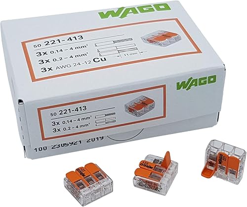 WAGO Plug-in terminal 3-way with lever for rigid (0.2-4 mm²) and flexible (0.14-4 mm²) wires to open again, transparent/orange, contents: 50 pieces - Cheap-Us