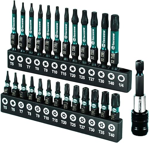 Facoow Torx-Bit-Set (T5-T40), 26-teiliges Sicherheits-Torx-Bit-Set mit magnetischen Spitzen, manipulationssichere Stern-Bit-Set, S2-Stahllegierung, 2,5 cm und 5,1 cm langes Schlagdrehmoment-Bit-Set - Cheap-Us