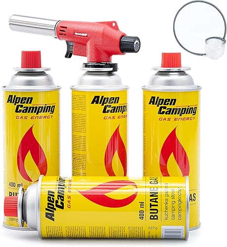 Bunsenbrenner Lötbrenner Vulcano Gasbrenner Gasanzünder Lötlampe mit Piezozündung für Gaskartuschen (Lötbrenner mit 4 Kartuschen) - Cheap-Us