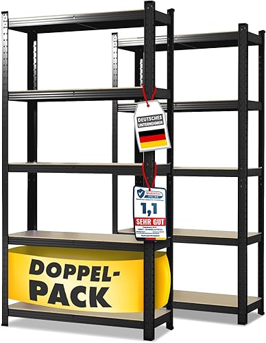 Floordirekt Schwerlastregal, 2er Set, schwarz 150 x 75 x 30 cm Steckregal, Kellerregal, Lagerregal, Werkstattregal, Werkbank - 5 verstellbare Böden (Lakota) - Cheap-Us