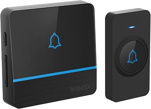 AVANTEK Funkklingel, Wasserdichtes Türklingel-Set, über 300 m Funkreichweite, 56 Melodien & 5 Lautstärken, Haustür Klingel mit 2 Empfängern und LED-Blitz, Schwarz - Cheap-Us