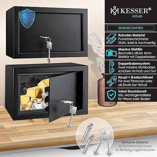 KESSER® Tresor Möbeltresor mit Doppelbartschloss, Safe Geldschrank Boden-Wandtresor Wandsafe 30x20x20cm ink. 2 x Schlüssel & Befestigungsschraube, Schwarz - Cheap-Us