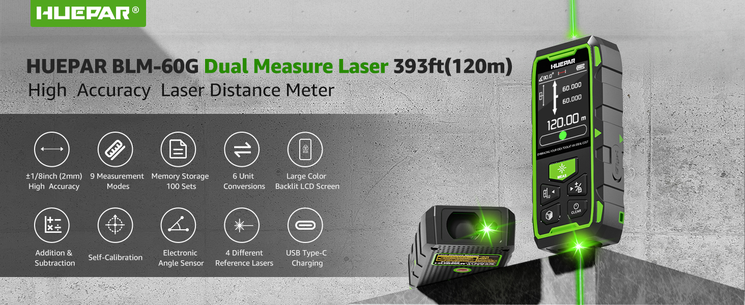 Daul Laser Entfernungsmesser, Huepar 120M Grün Laser Messgerät