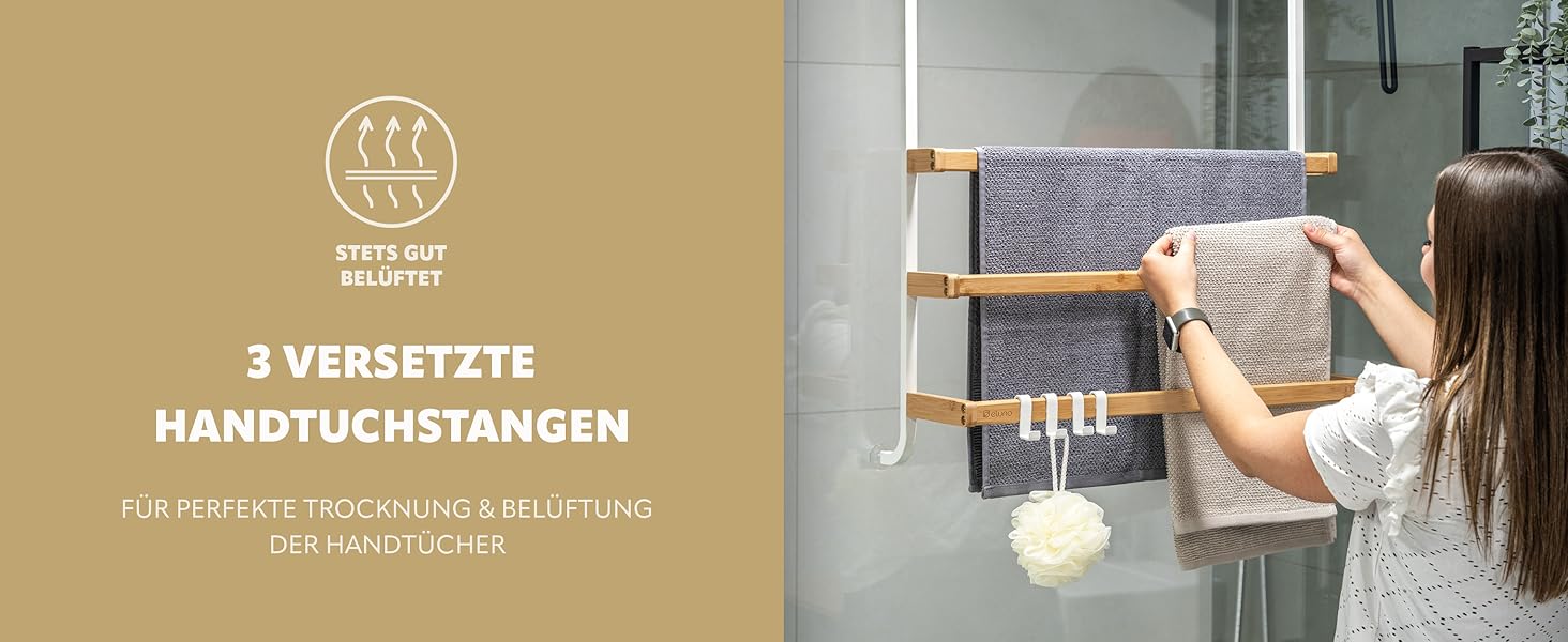 3 versetze Handtuchstangen sorgen für eine perfekte Trocknung und Belüftung der Handtücher