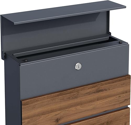 Toboli Briefkasten V63 Anthrazit und Holzdesign 410 x 130 x 370 mm, Wandbriefkasten mit Schloss, Soft Close Klappe und Zeitungsfach, Postkasten aus Stahl pulverbeschichtet - Cheap-Us