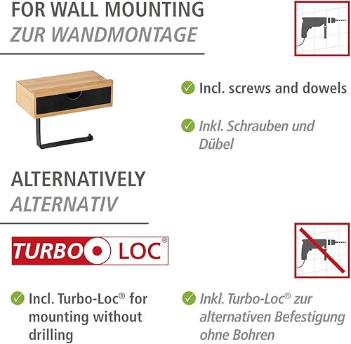 WENKO Toilettenpapierhalter Mod. Bambusa mit Ablage aus Bambus und Schublade, inkl. Befestigungsmaterial, Natur/Schwarz - Cheap-Us