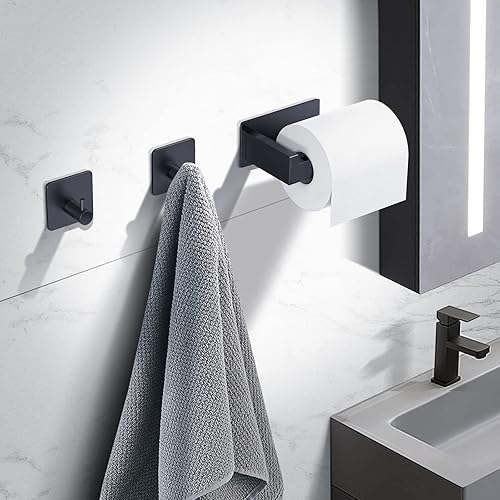 Toilet Paper Holder No Drilling Required,Selbstklebend Klopapierhalter WC Papierhalter Edelstahl Toilettenpapierrollenhalter mit 2 Stück Handtuchhaken für Küche und Badzimmer (Schwarz) - Cheap-Us