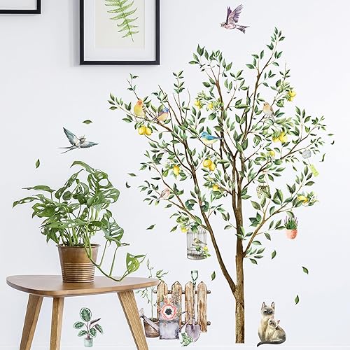 Zitronenbaum Wandtattoo Grüner Baum Wandaufkleber Aufkleber Flieger Vogel Wandsticker Kätzchen Zaun Wandaufkleber Schlafzimmer Wohnzimmer Sofa Hintergrund Wanddekoration (90 * 30 cm 2 PCS) - Cheap-Us