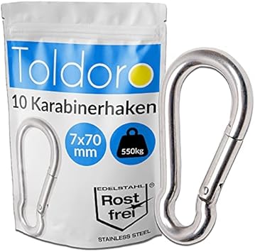 Toldoro Edelstahl Karabiner 70mm Rostfrei - NIRO AISI 316 V4A / Karabinerhaken für Schaukel, Camping oder Slacklines/Feuerwehrkarabiner/Karabiner Set - Cheap-Us