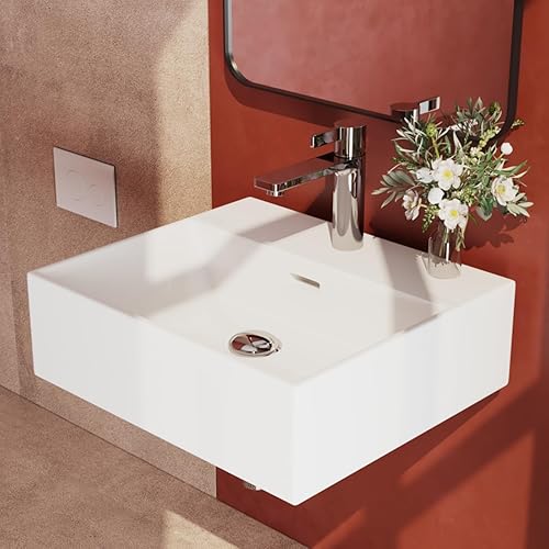 EMKE Waschbecken Eckiges Design Handwaschbecken, Hochwertige Keramik Hängewaschbecken mit dünnem Rand, Waschtisch Für Badezimmer Gäste-WC (415x360x130mm, Weiß) - Cheap-Us