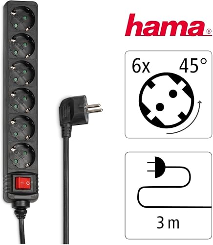 Hama Steckdosenleiste 6-Fach (Mehrfachsteckdose mit 3m Kabel, inkl. Kippschalter, erhöhter Berührungsschutz, Steckplätze um 45 Grad gedreht, Steckerleiste GS geprüft, max. 3500 W) weiß - Cheap-Us