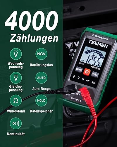 TESMEN TM-510 Digital Multimeter, 4000 Zähler Messgerät, Voltmeter mit Automatischem Messbereich, Intelligente Messung; Spannungsprüfer Misst AC/DC-Spannung, Widerstand, Durchgang – Grün - Cheap-Us