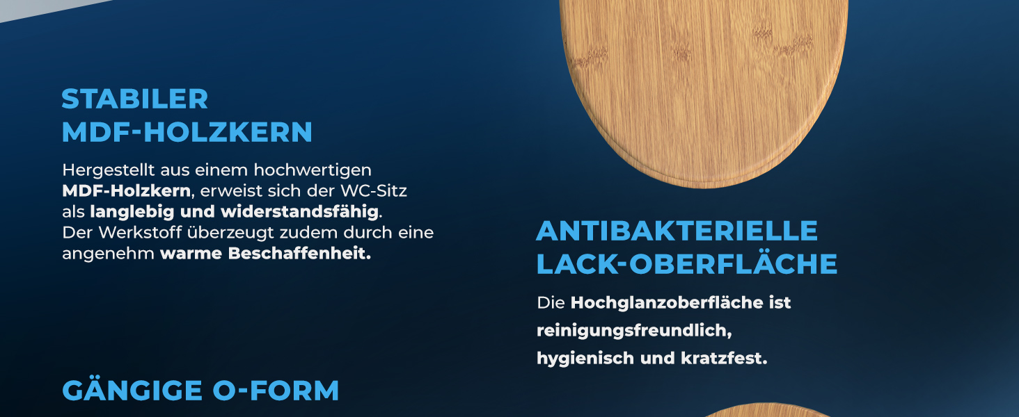 Stabiler MDF-Holzkern, Lackoberfläche, reinigungsfreundlich, antibakteriell, WC-Sitz, Toilettensitz