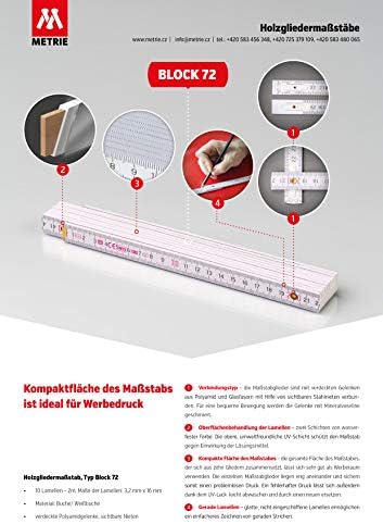 Metrie BLOCK72 Holz Zollstock/Zollstöcke 10x Stück|2m langer Gliedermaßstab, Meterstab mit Duplex-Teilung - Weiß, Hergestellt in der EU - Cheap-Us